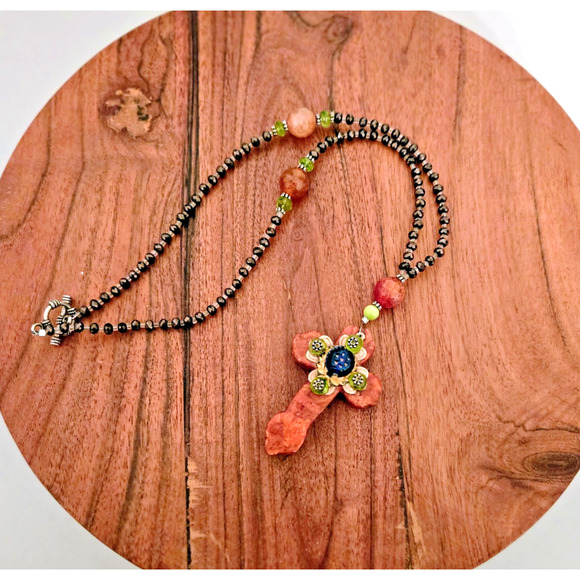 Handmade gemstone cross with Czech glass necklace Boho - Picture 2 of 7